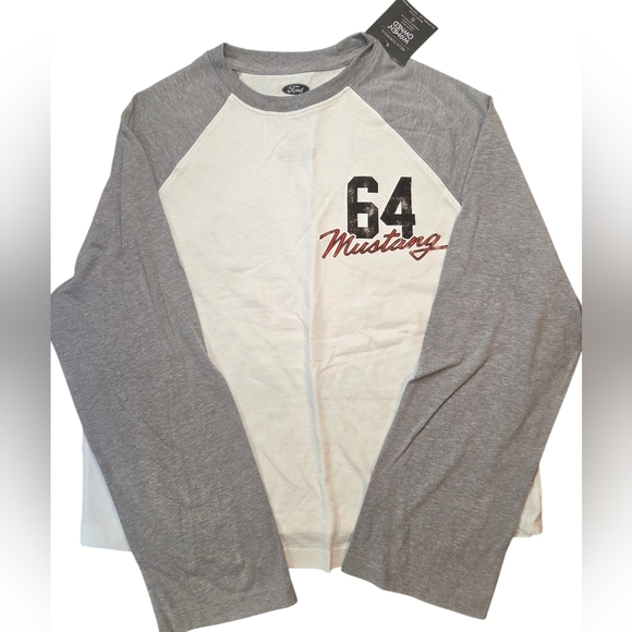 Ford Tops - Women's Ford 64 Mustang Gray and White Long Sleeve Tee